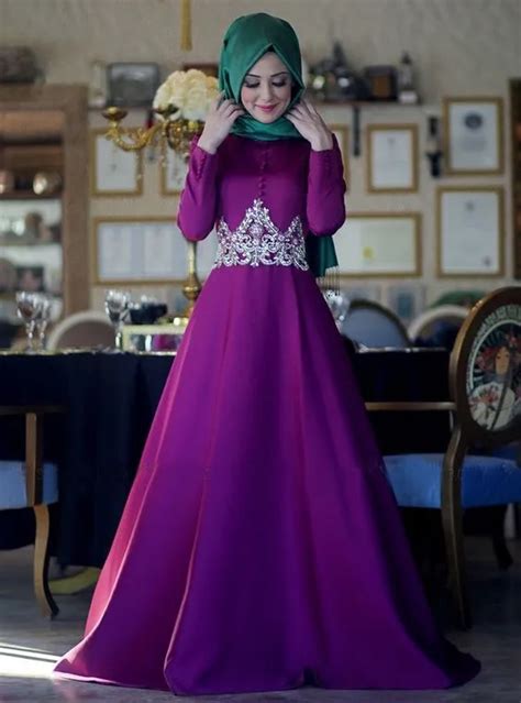 Purple Long Sleeve Muslim Evening Dresses Hijab Islamic Dubai