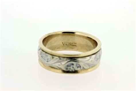 Floral Engraved Men's Band 14K White and Yellow Gold - Timekeepersclayton