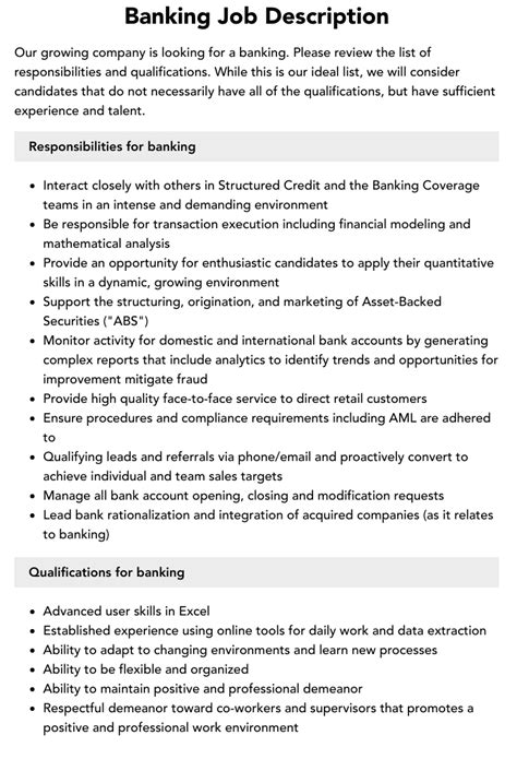 Banking Job Description | Velvet Jobs