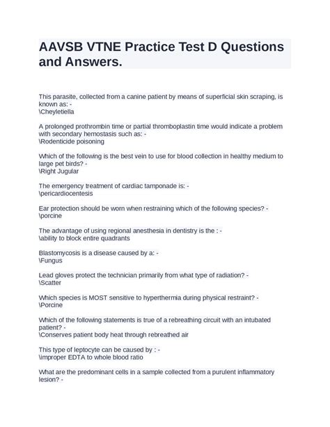 AAVSB VTNE Practice Test D Questions and Answers. | Exams Medicine