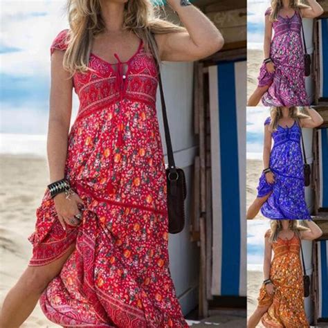 Damen Sommerkleid Damen Lang Punkt Druck Langarm Voller Ärmel Boho V