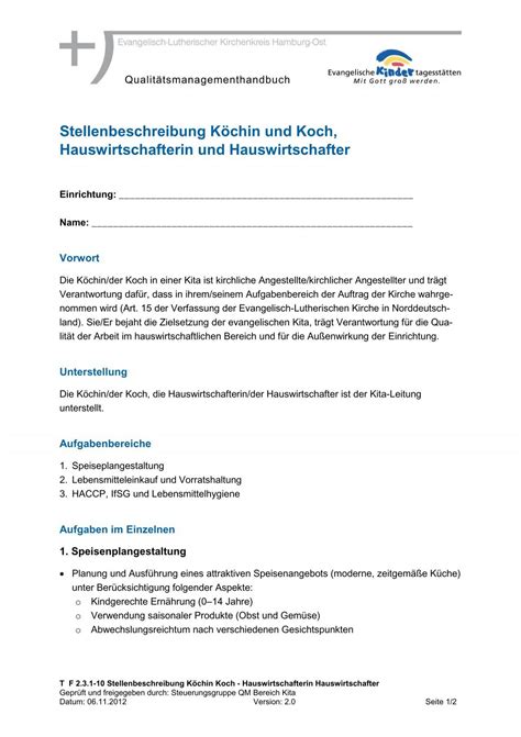 Stellenbeschreibung Köchin Und Koch Hauswirtschafterin Und