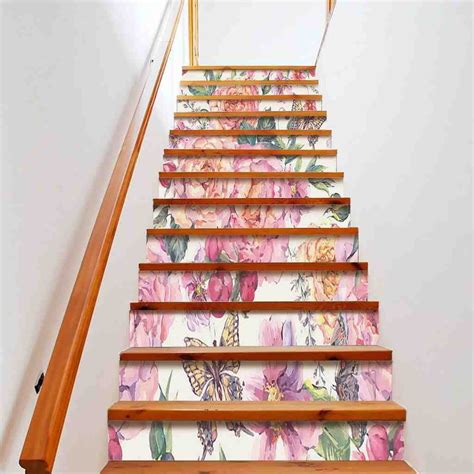 Pink Rose Stair Stickers Green Leaves Flowers Staircase Murals Mothers Day Floral Stair Risers