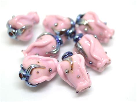 Pink Twisted Rosebud Beads Opaque Pink Glass Rose Bud Bead Flower Lampwork Bead Artisan