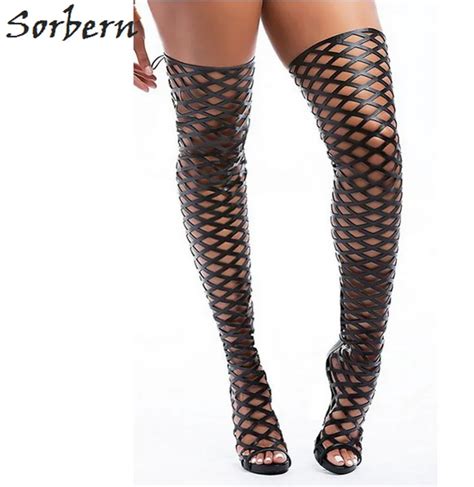 Sorbern Women Long Boote Over Knee Length Boots Hollow Pu Zipper Lace