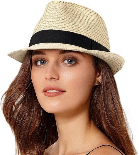 Womens Straw Trilby Fedora Panama Beach Summer Sun Hat Festival Sun Shade Hats ￡115