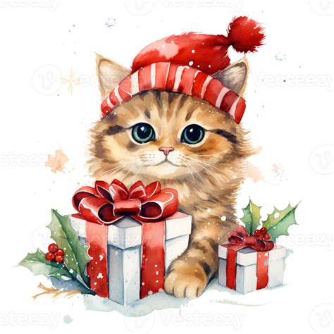 AI Generated Hand Drawn Cute Christmas Cat With Santa Hat In Watercolor