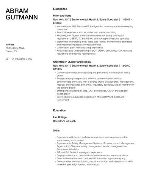 Environmental Health Safety Specialist Resume Samples Velvet Jobs