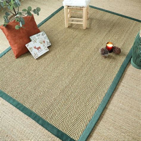 Tapis Jonc De Mer Assam Chevron Ganse Lin Vert Sapin X Cm