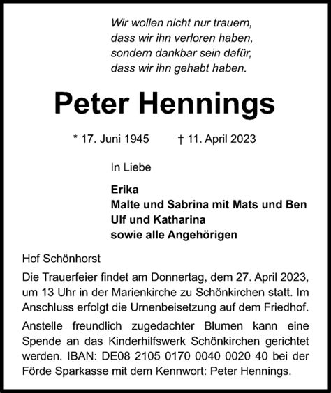 Traueranzeigen Von Peter Hennings Trauer Anzeigen De