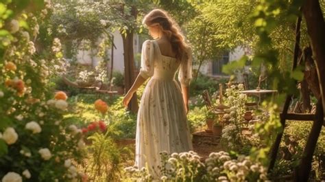 Premium Ai Image A Woman Walks Through A Garden In A White Dress