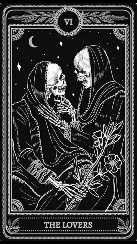 The Lovers Tarot Card Is Shown In Black And White With Two Skeletons