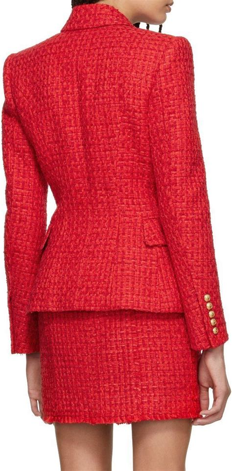 Balmain Frayed Red Tweed Jacket Runway Catalog Womens Fashion