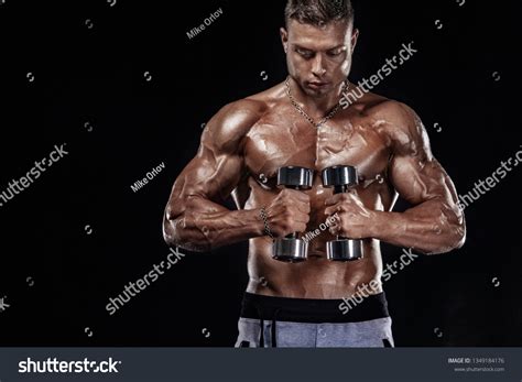 Muscular Fitness Sports Man Atlete Dumbbell Stock Photo