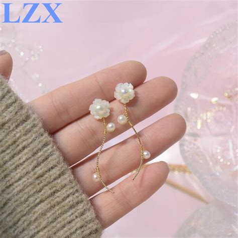 LZX pendientes largos con forma de flor para mujer y niña aretes