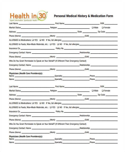 Free Printable Personal Medical History Forms Printable Templates