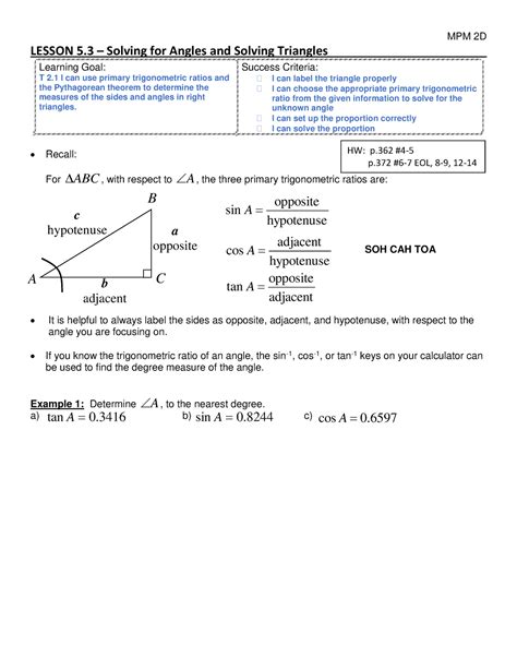 5 3 Solving For Angles And Solving Triangles MPM 2D LESSON 5