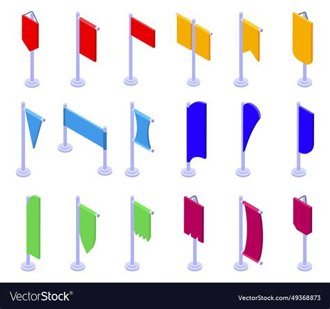 Pennon on pole icons set isometric flag Royalty Free Vector