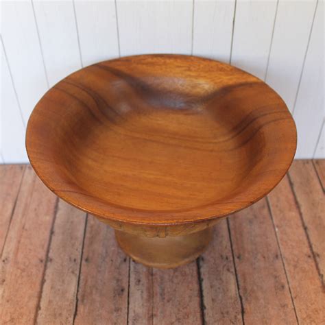 Vintage Wood Footed Pedestal Bowl With Carved Leaf Design Centerpiece