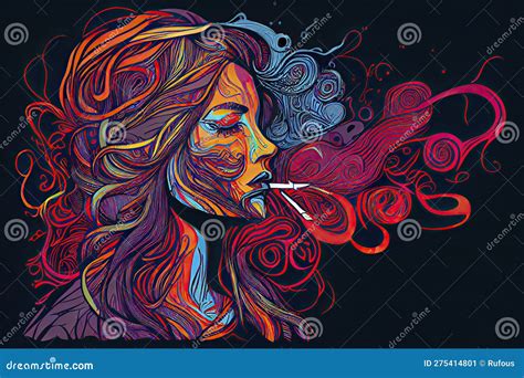 Colourful Psychedelic Line Art With The Abstract Smoking Woman Stock