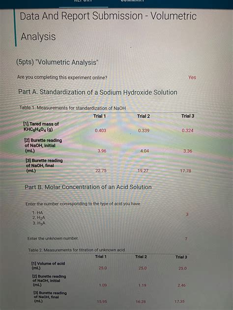 Solved Data And Report Submission Volumetric Analysis Chegg