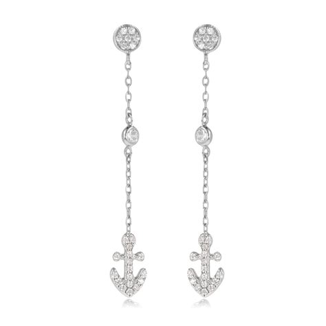 Boucles d oreille argent rhodié ancre de marine pendante avec cubic