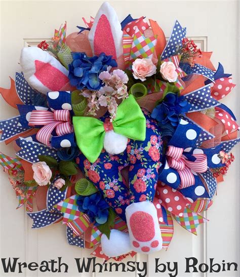 Easter Deco Mesh Wreath In Coral And Blue With Handmade Bunny Etsy