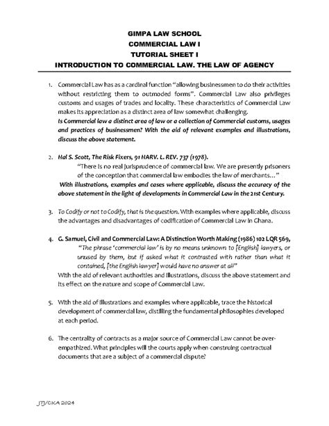 Tutorial Sheet I Introduction TO Commercial LAW THE LAW OF Agency