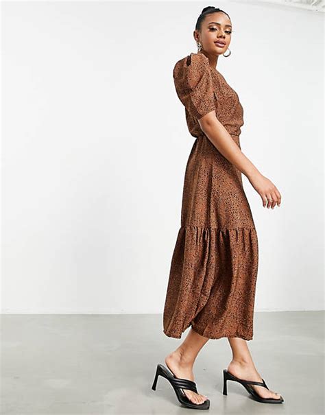 Ax Paris Round Neck Midi Dress In Brown Polka Dot Asos