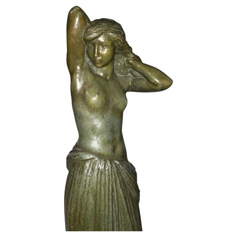 Art Deco Bronze Statue Of A Nymph And Nude Girl Feeding A Doe Signed