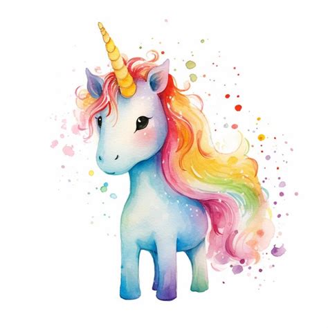 Hay Una Pintura En Acuarela De Un Unicornio Con Una Melena Arco Iris