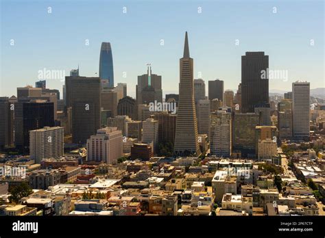 San Francisco skyline dominated by Transamerica Pyramid building seen from Coit Tower, San ...