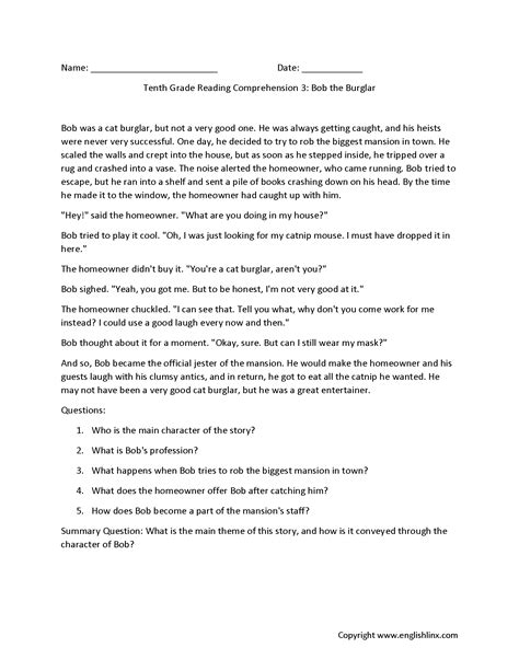 Reading Comprehension Worksheets Tenth Grade Reading Comprehension