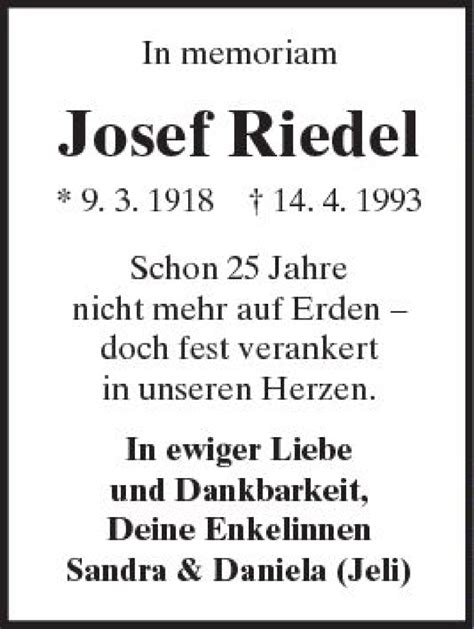 Traueranzeigen Von Josef Riedel Vrm Trauer De