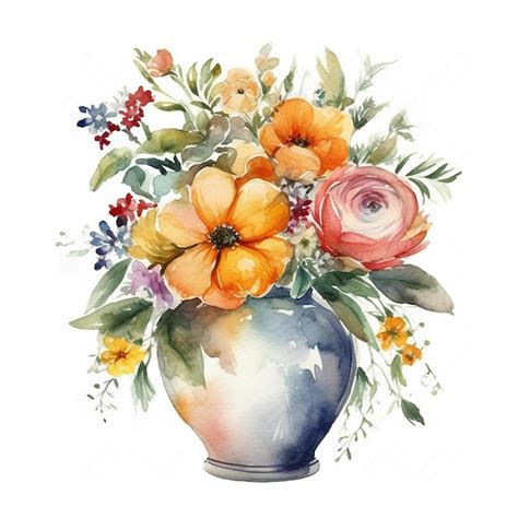 Premium Ai Image Watercolor Painting Of A Vase With Flowers And Leaves