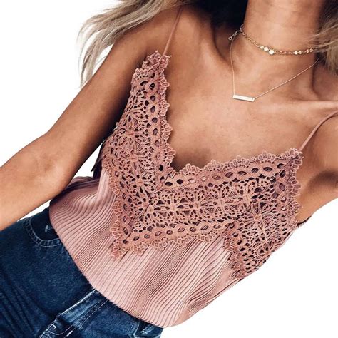 Lace Patchwork Spaghetti Straps V Neck Loose Tank Top My Style