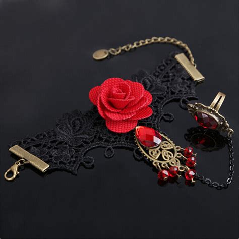 New Elegant Gothic Style Lace Red Rose Bracelet With Adjustable Finger