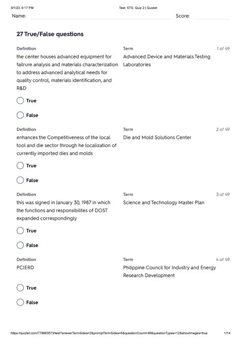 Test Sts Quiz Quizlet Practice Quiz Name Score True False
