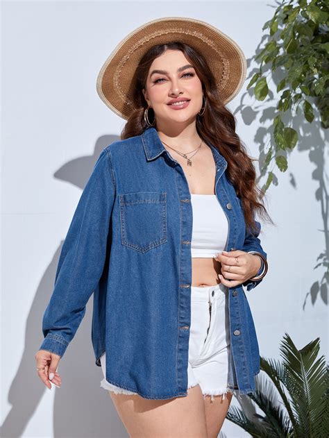 Plus Pocket Patched Denim Shirt Roupas Denim Top Mangas Compridas