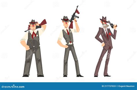 Male Gangsters In Retro Suits With Gun Set Mafia Mob Characters