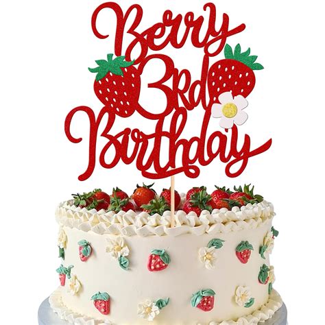 Snapklik.com : 1 PCS Strawberry Berry 3rd Birthday Cake Topper Glitter Flower Sweet Fruit Theme ...