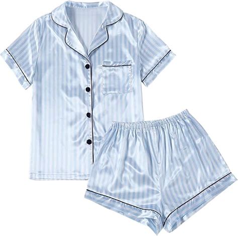 Lyaner Womens Striped Silky Satin Pajamas Short Sleeve Top With Shorts