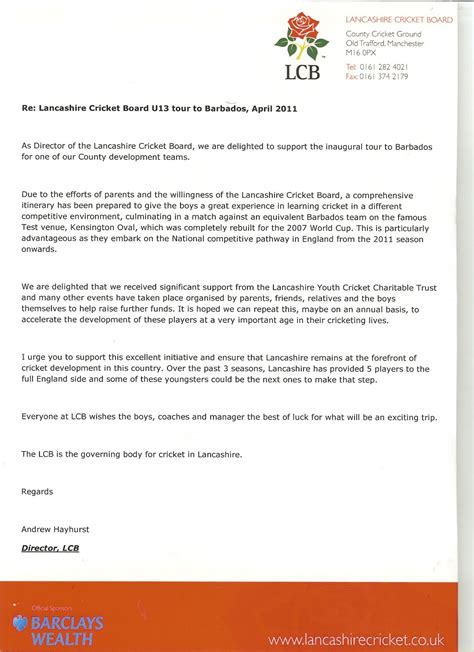 Lancashire Cricket U13s Barbados Tour 2011 Letter From Lancashire