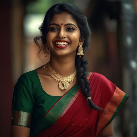 Premium AI Image A Woman Smiling In A Sari With A Red And Green Sari