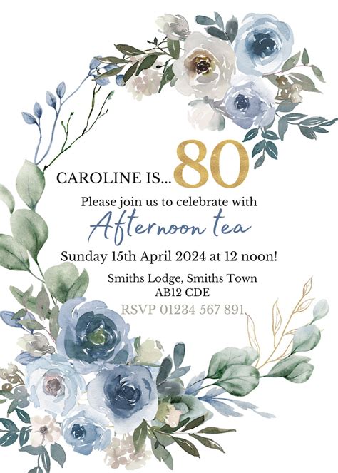 Eighty 80th Birthday Party Invitation Floral Blue Gold Editable