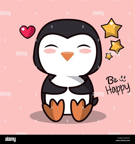 Pink Color Background With Cute Kawaii Animal Penguin And Floating