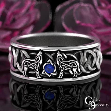 Mens Blue Sapphire Wolf Wedding Ring Sterling Silver Nordic Wolves