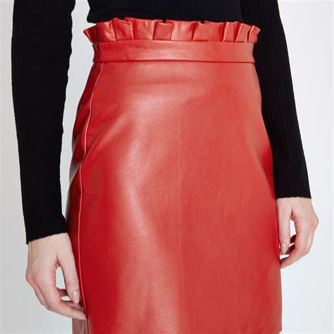 River Island Red Paperbag Waist Faux Leather Mini Skirt Lyst