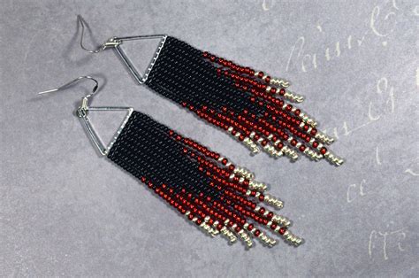 Triangle Fringe Beaded Earrings Long Red Silver Black Etsy