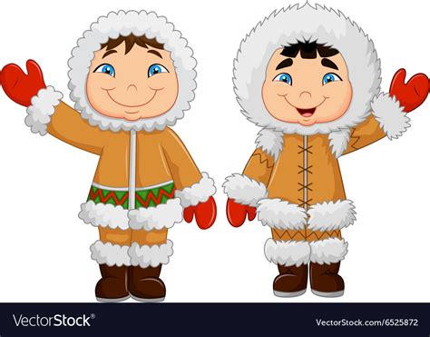 Cartoon happy eskimo kids waving hand Royalty Free Vector